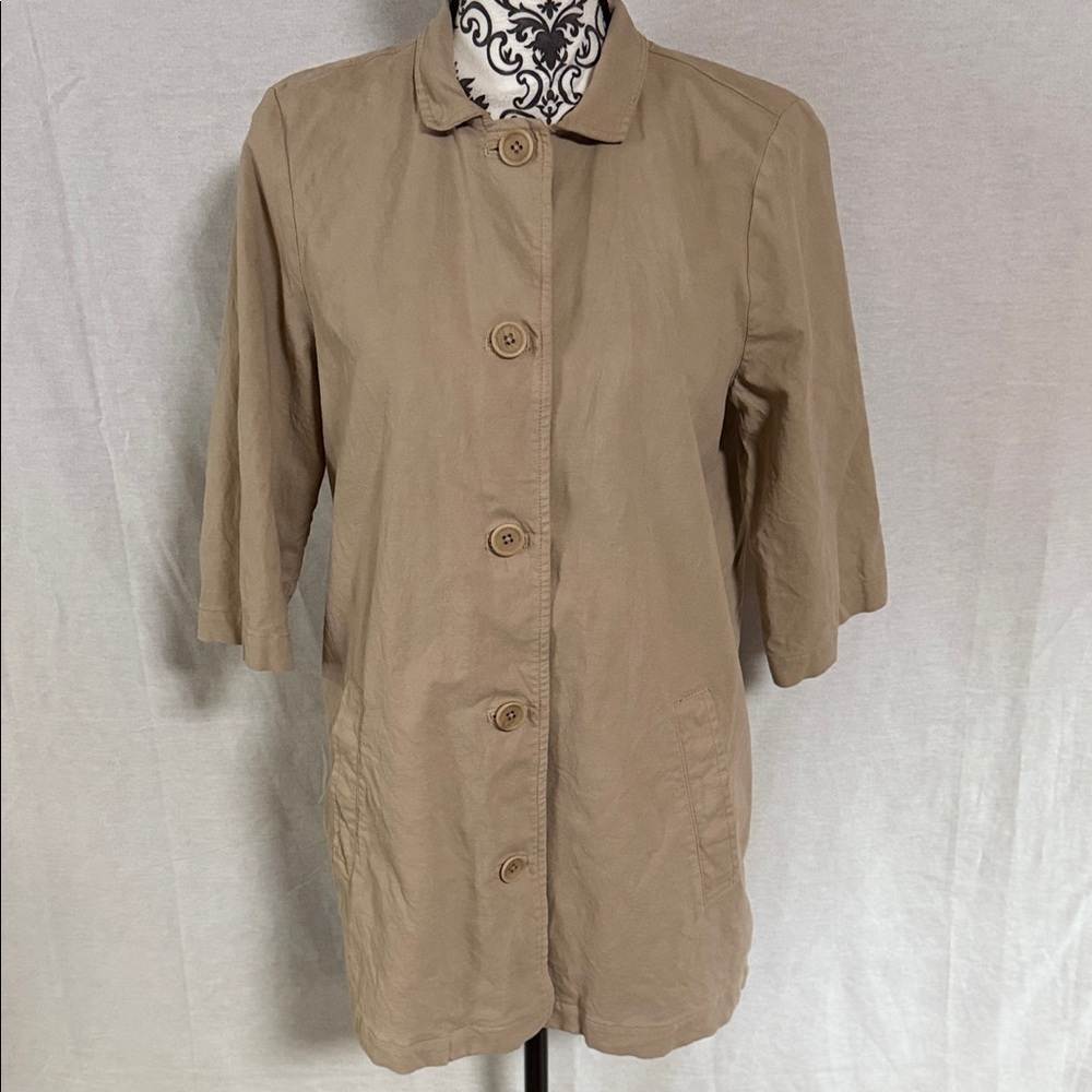 Eileen Fisher Tan organic cotton and hemp Trench Style Car Coat button up pocket